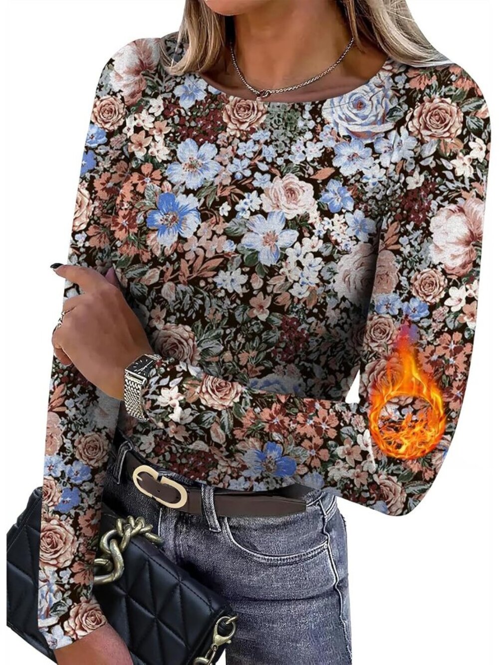 Women's Print Flower Crew Neck Long Sleeve Light Fleece Casual Basic Top T Shirt